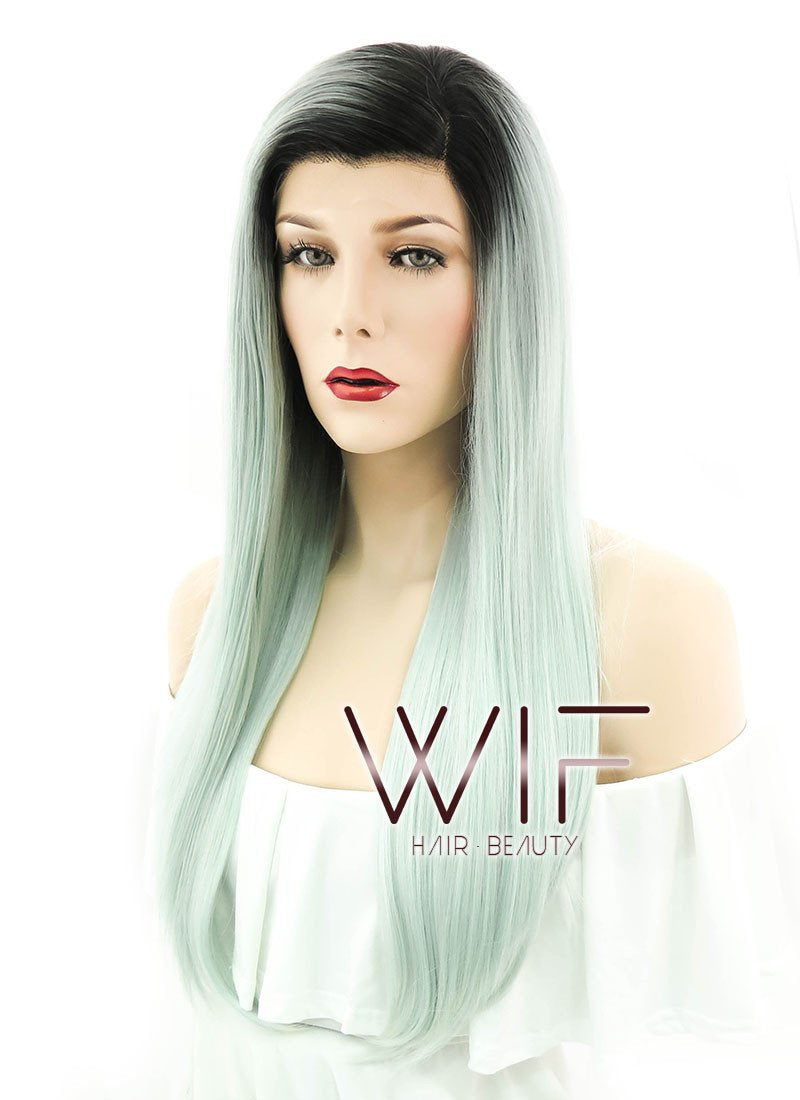 24" Straight Light Green With Dark Roots Lace Front Synthetic Wig LF390