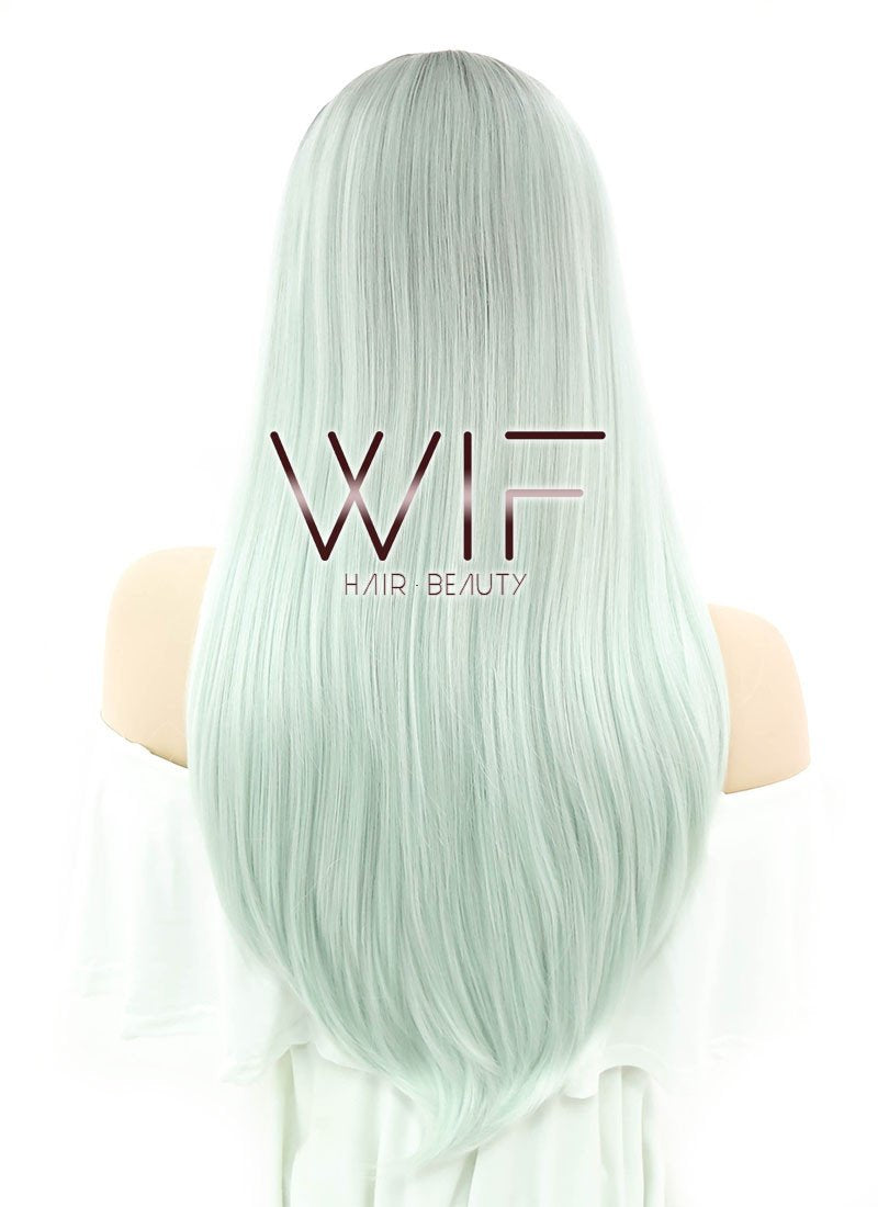 24" Straight Light Green With Dark Roots Lace Front Synthetic Wig LF390