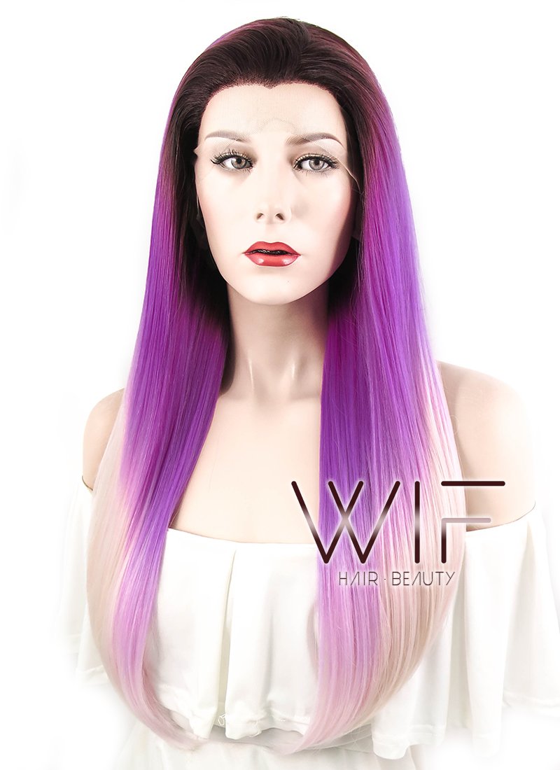 24" Straight Purple Pink Ombre With Dark Roots Lace Front Synthetic Wig LF391