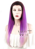 24" Straight Purple Pink Ombre With Dark Roots Lace Front Synthetic Wig LF391