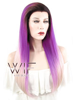 24" Straight Purple Pink Ombre With Dark Roots Lace Front Synthetic Wig LF391