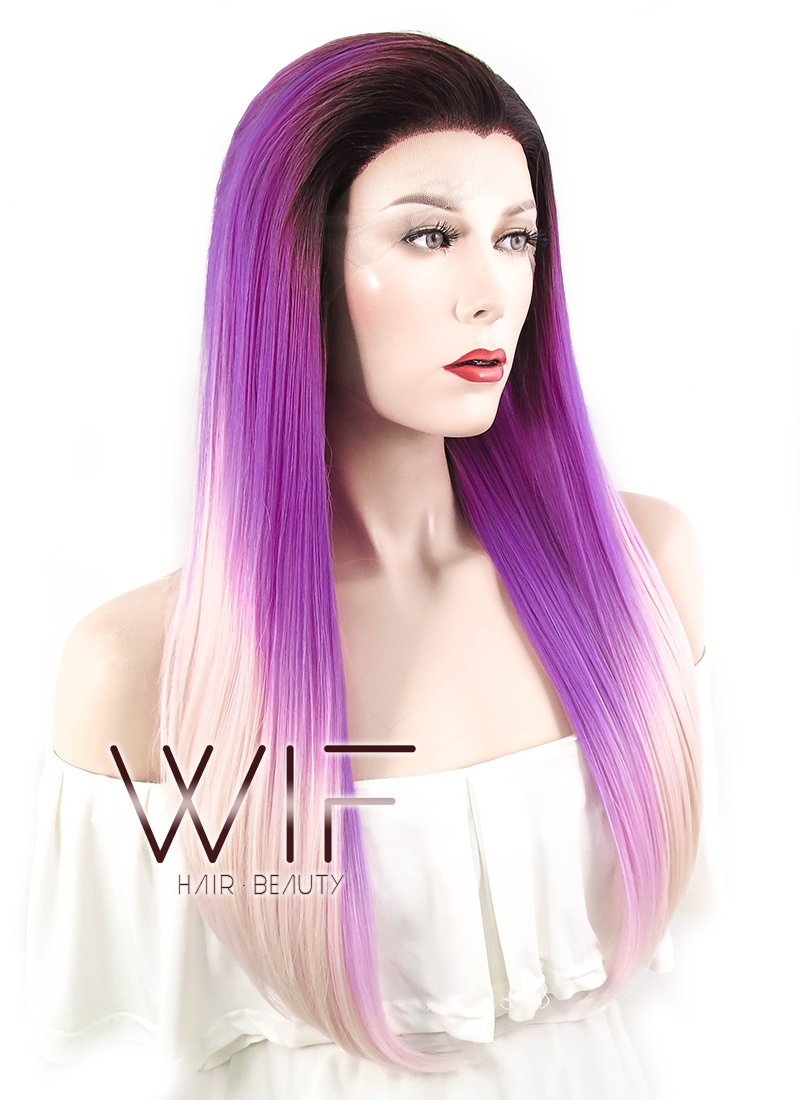 24" Straight Purple Pink Ombre With Dark Roots Lace Front Synthetic Wig LF391