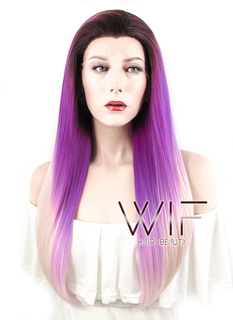 24" Straight Purple Pink Ombre With Dark Roots Lace Front Synthetic Wig LF391
