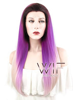 24" Straight Purple Pink Ombre With Dark Roots Lace Front Synthetic Wig LF391