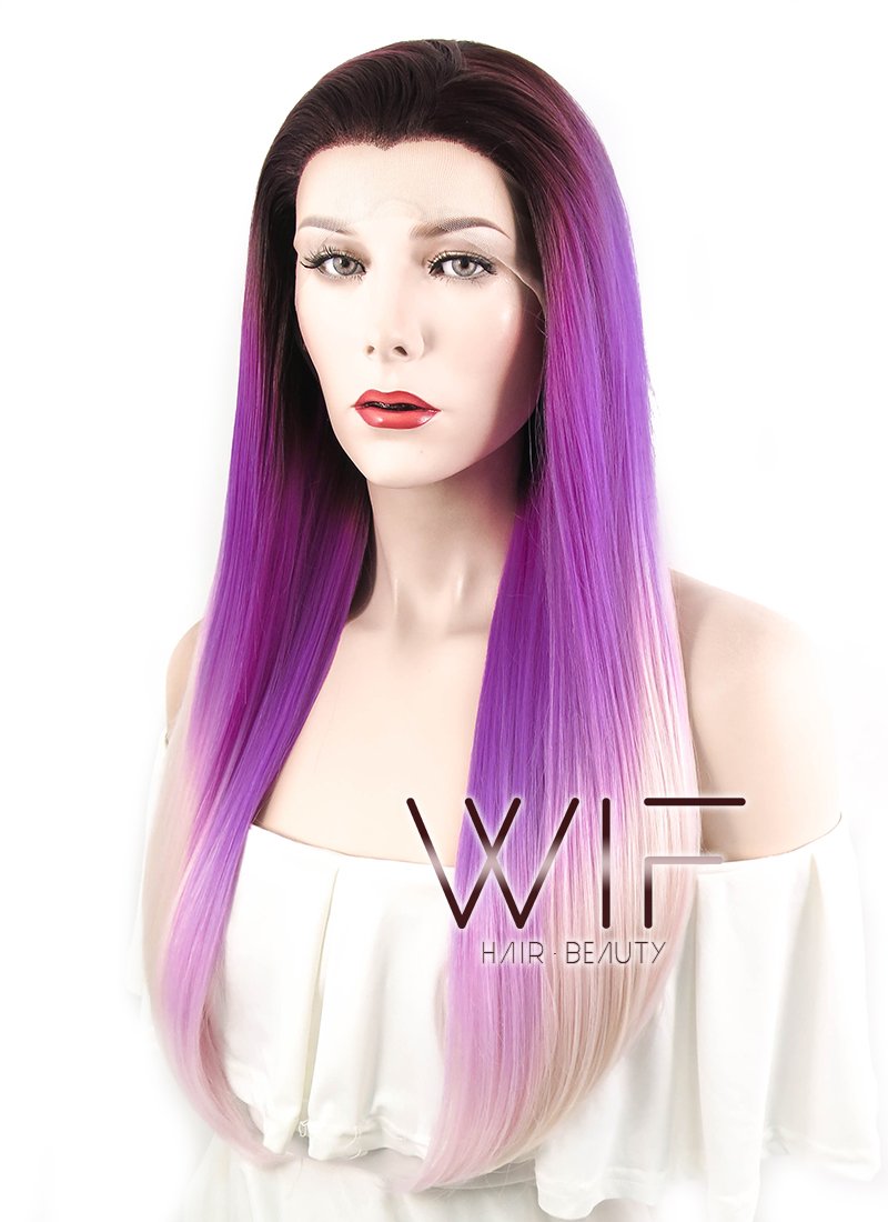 24" Straight Purple Pink Ombre With Dark Roots Lace Front Synthetic Wig LF391