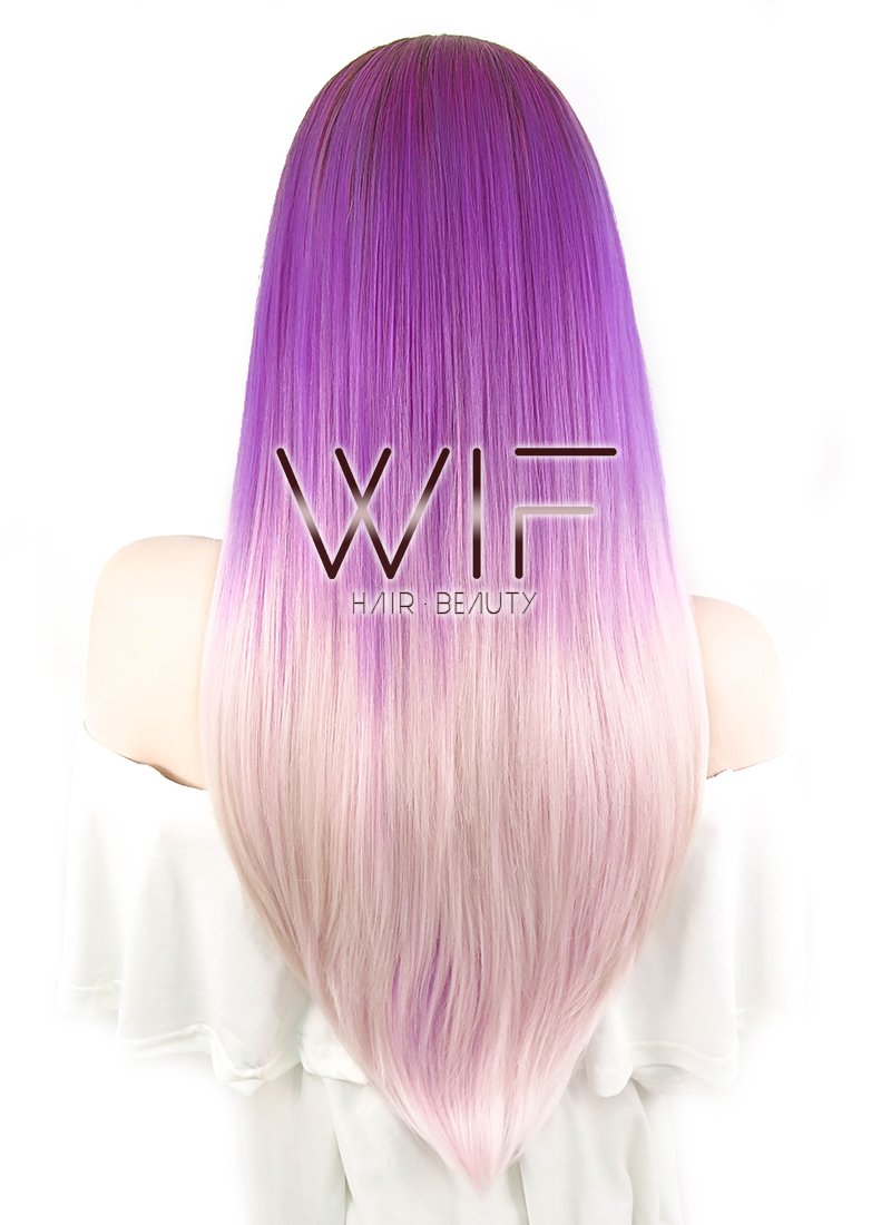 24" Long Straight Purple Mixed Light Pink with Dark Roots Ombre Lace Front Synthetic Hair Wig LF391
