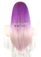 24" Long Straight Purple Mixed Light Pink with Dark Roots Ombre Lace Front Synthetic Hair Wig LF391