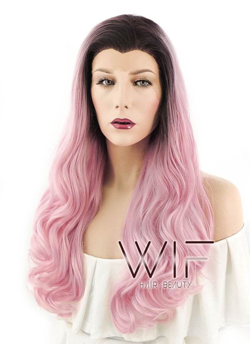 24" Wavy Pink With Dark Roots Lace Front Synthetic Wig LF393