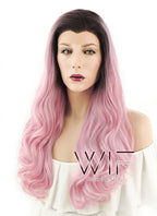 24" Wavy Pink With Dark Roots Lace Front Synthetic Wig LF393