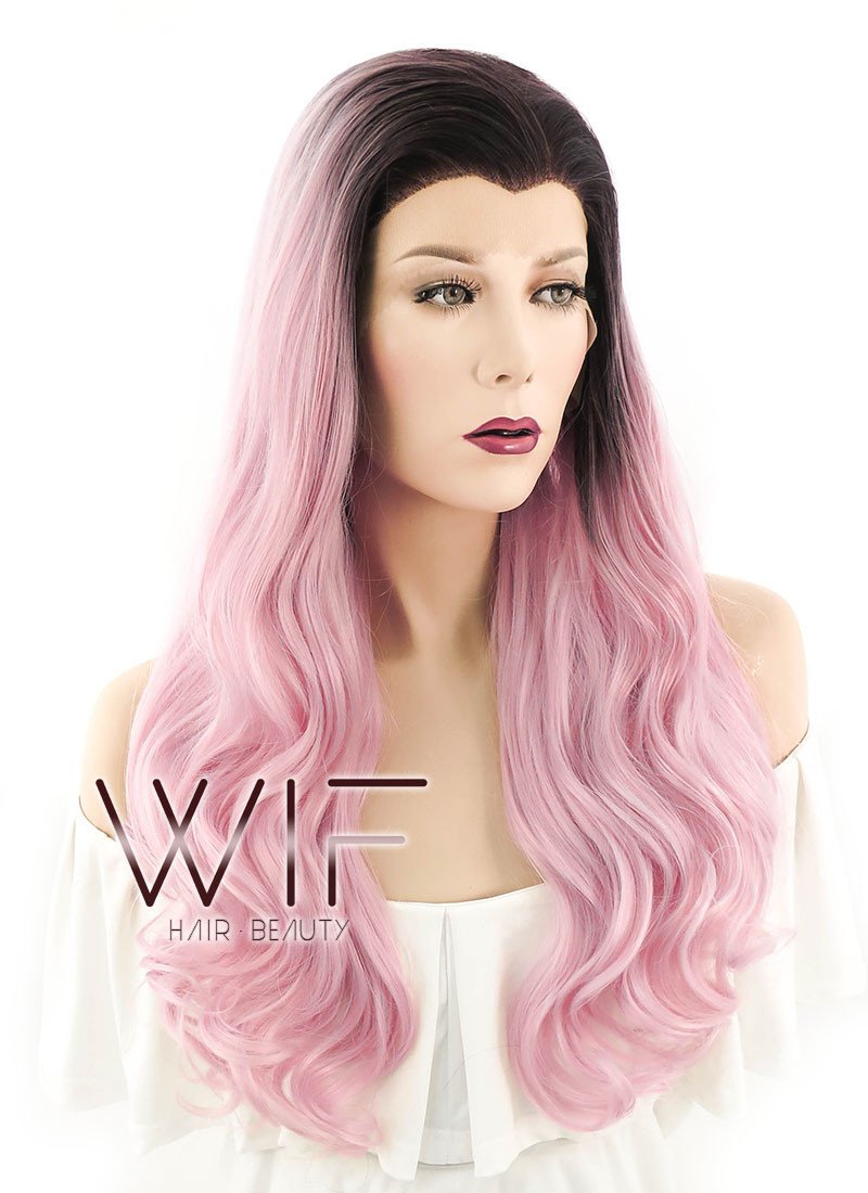 24" Wavy Pink With Dark Roots Lace Front Synthetic Wig LF393