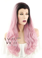 24" Wavy Pink With Dark Roots Lace Front Synthetic Wig LF393