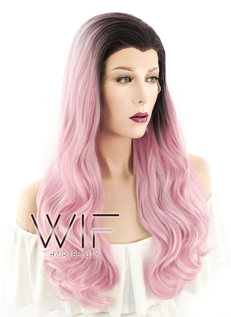 24" Wavy Pink With Dark Roots Lace Front Synthetic Wig LF393