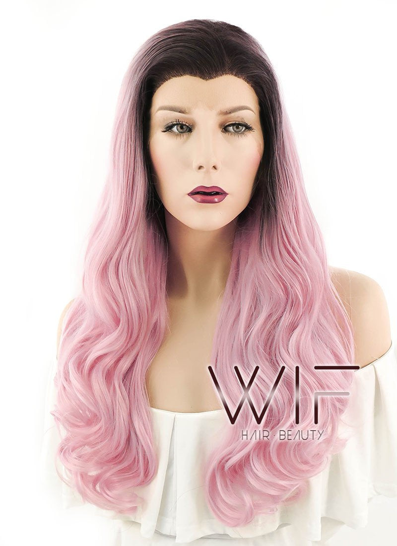 24" Wavy Pink With Dark Roots Lace Front Synthetic Wig LF393