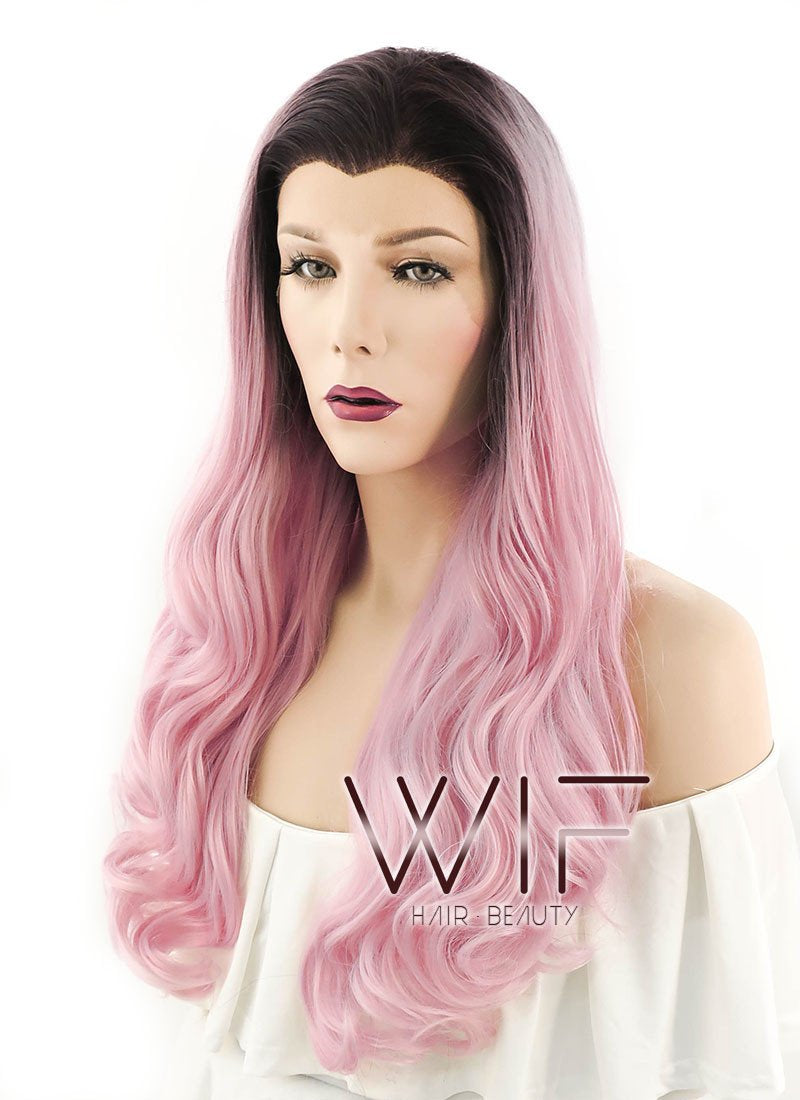 24" Wavy Pink With Dark Roots Lace Front Synthetic Wig LF393