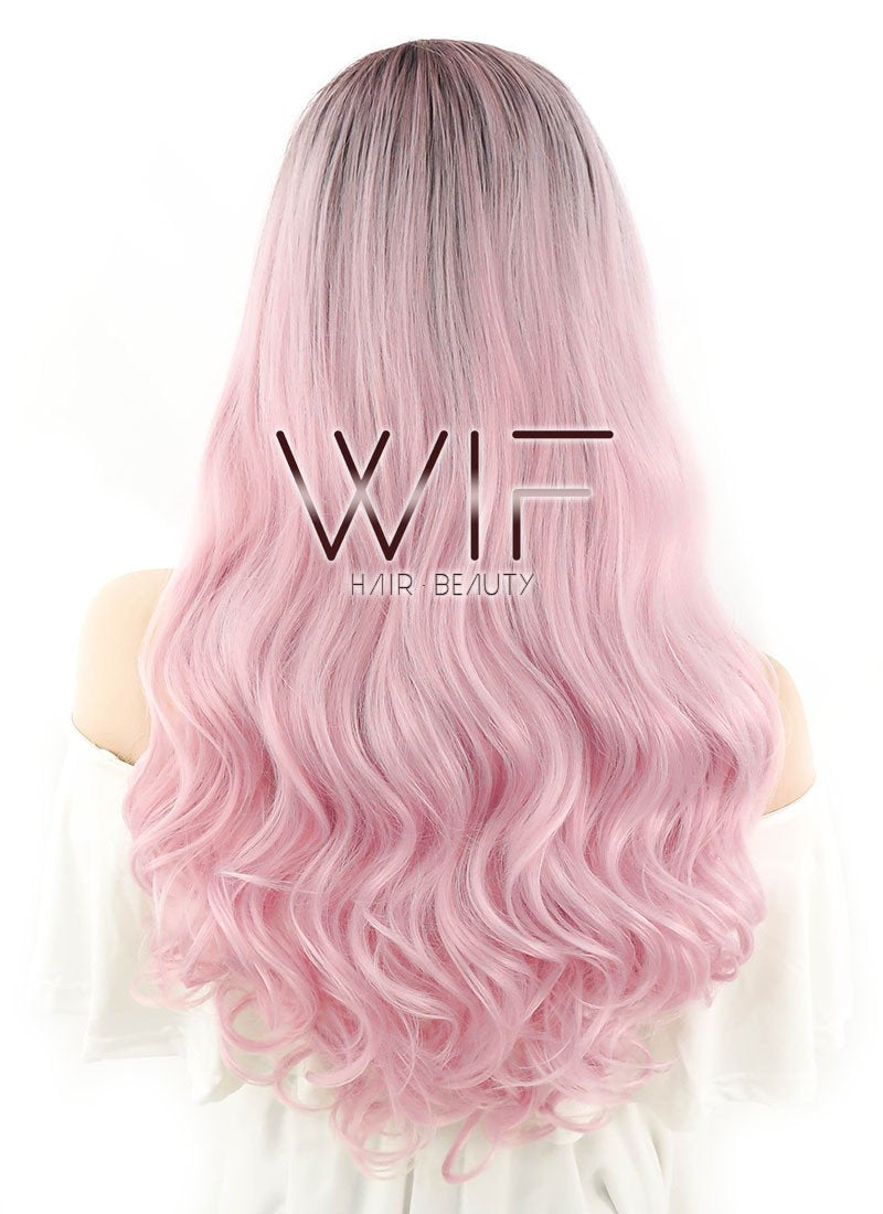 24" Wavy Pink With Dark Roots Lace Front Synthetic Wig LF393