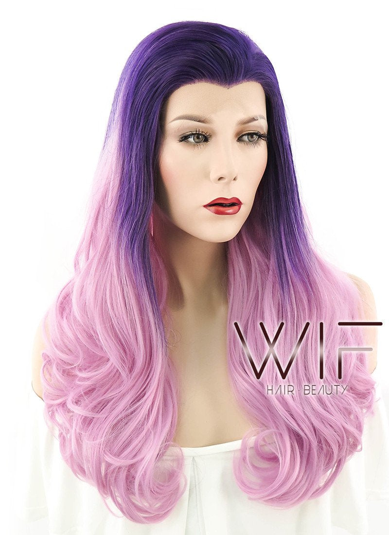 24" Long Curly Purple Mixed Pink Lace Front Synthetic Hair Wig LF395