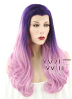 24" Long Curly Purple Mixed Pink Lace Front Synthetic Hair Wig LF395