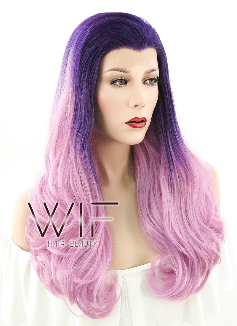 24" Long Curly Purple Mixed Pink Lace Front Synthetic Hair Wig LF395