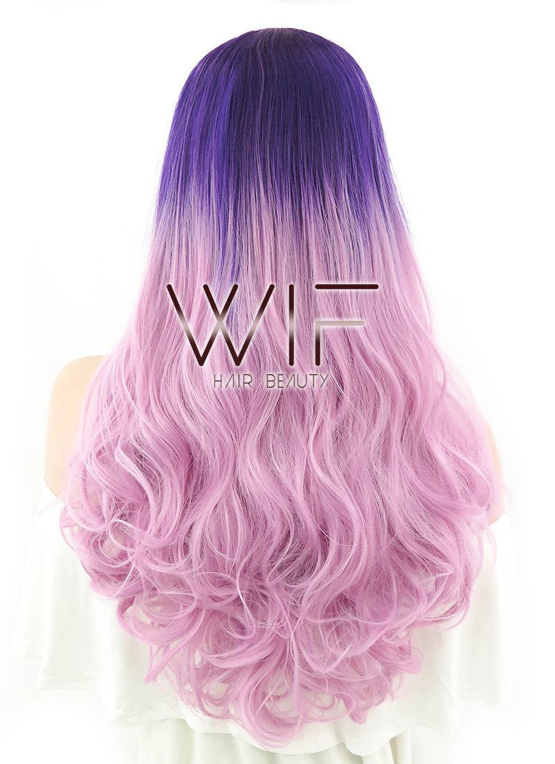 24" Long Curly Purple Mixed Pink Lace Front Synthetic Hair Wig LF395