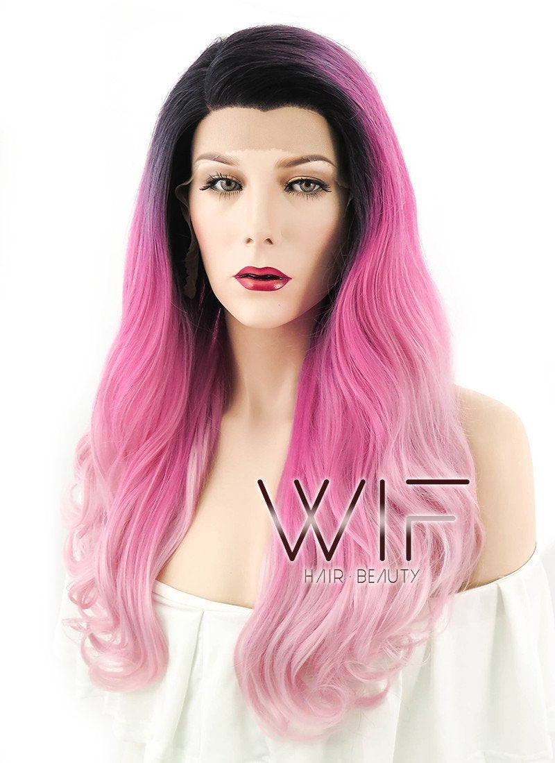 24" Long Curly Two Tone Pink with Dark Roots Lace Front Synthetic Fashion Wig LF396