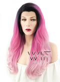 24" Long Curly Two Tone Pink with Dark Roots Lace Front Synthetic Fashion Wig LF396