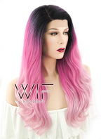 24" Long Curly Two Tone Pink with Dark Roots Lace Front Synthetic Fashion Wig LF396