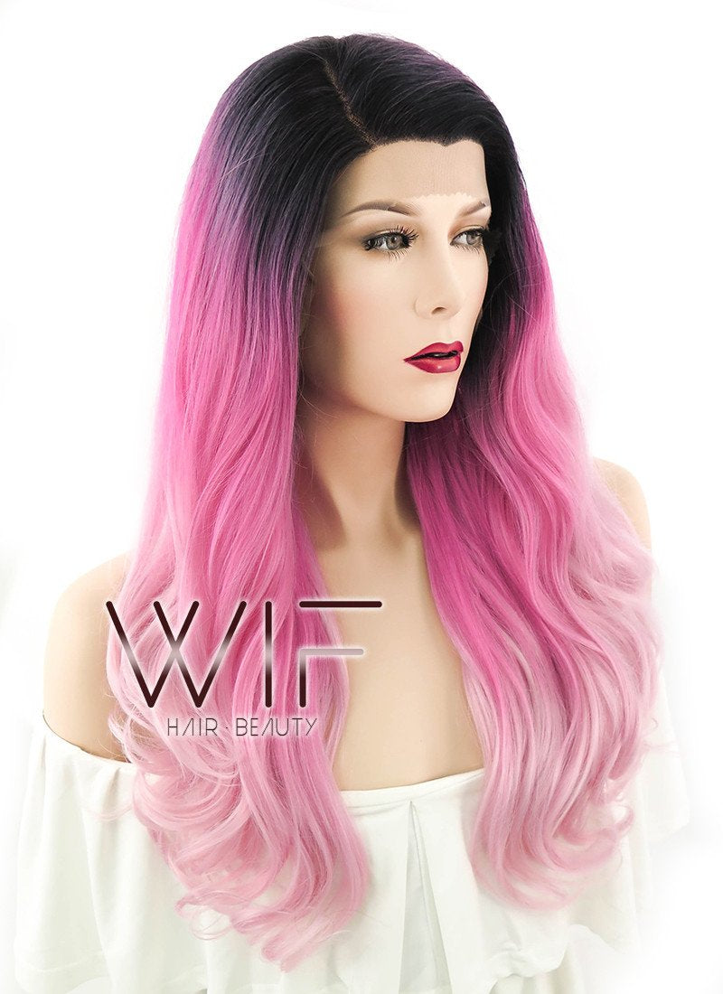 24" Long Curly Two Tone Pink with Dark Roots Lace Front Synthetic Fashion Wig LF396