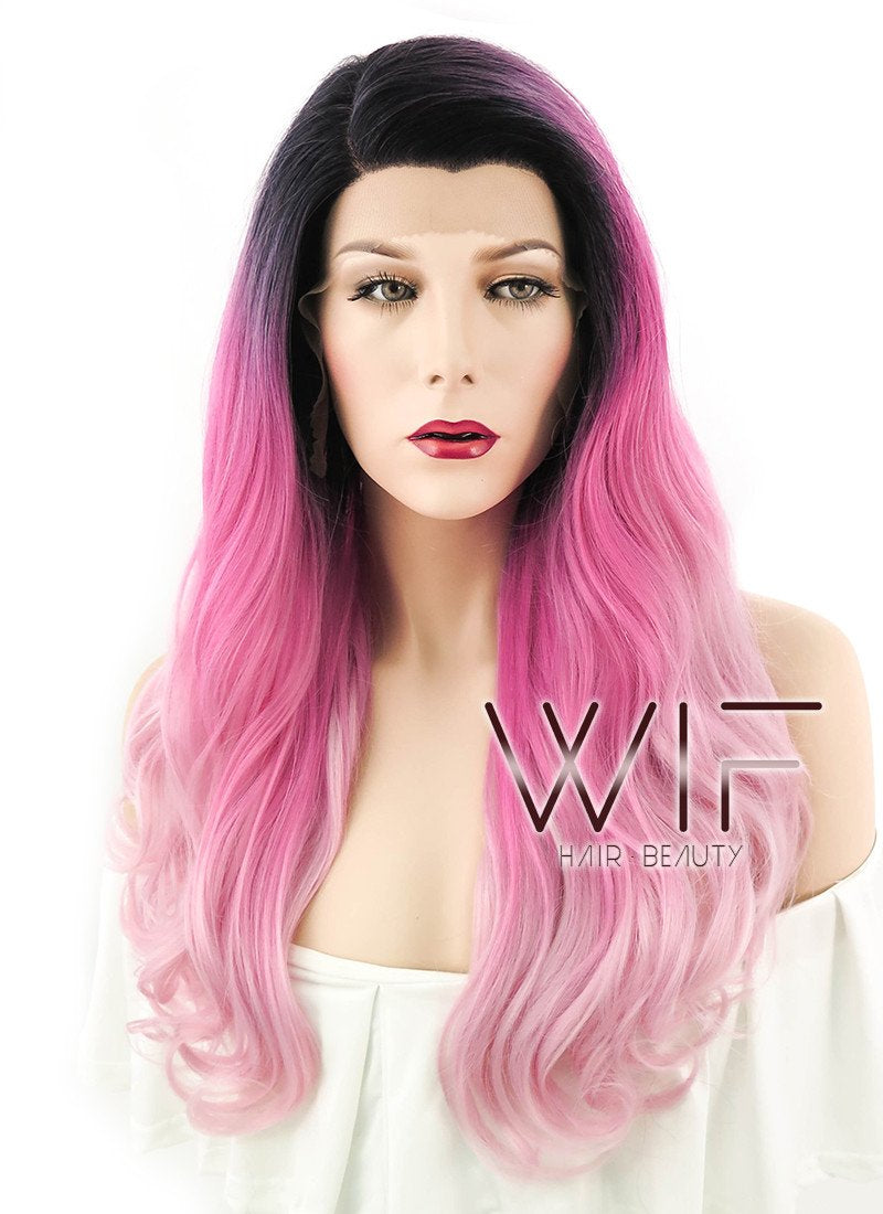 24" Long Curly Two Tone Pink with Dark Roots Lace Front Synthetic Fashion Wig LF396