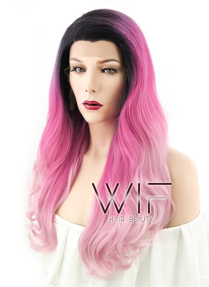 24" Long Curly Two Tone Pink with Dark Roots Lace Front Synthetic Fashion Wig LF396