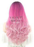 24" Long Curly Two Tone Pink with Dark Roots Lace Front Synthetic Fashion Wig LF396