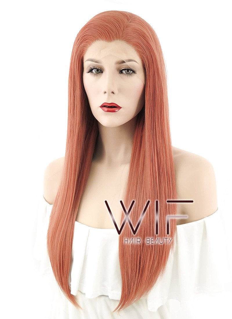 24" Long Straight Pinkish Orange Lace Front Synthetic Hair Wig LF399