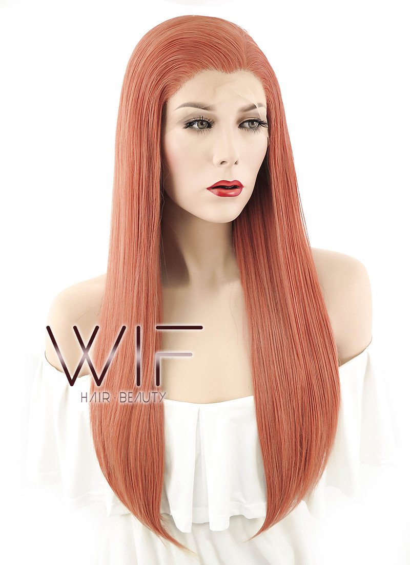 24" Long Straight Pinkish Orange Lace Front Synthetic Hair Wig LF399
