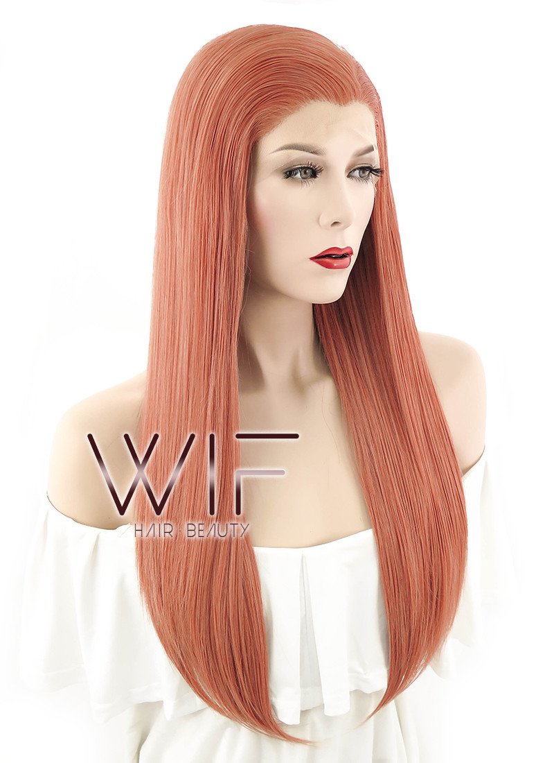 24" Long Straight Pinkish Orange Lace Front Synthetic Hair Wig LF399