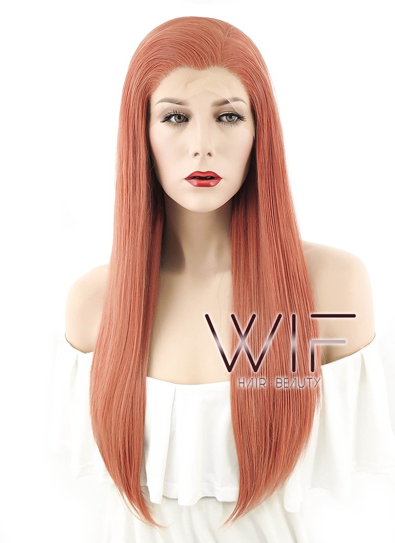 24" Long Straight Pinkish Orange Lace Front Synthetic Hair Wig LF399