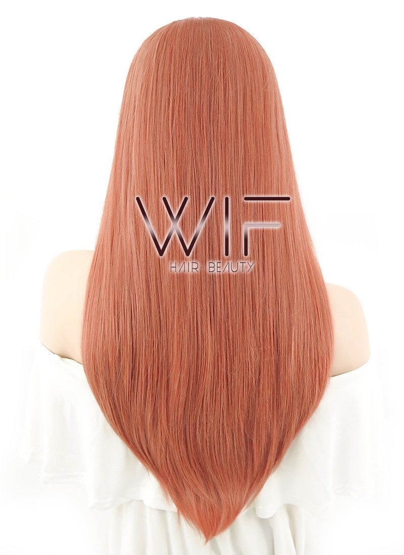 24" Long Straight Pinkish Orange Lace Front Synthetic Hair Wig LF399