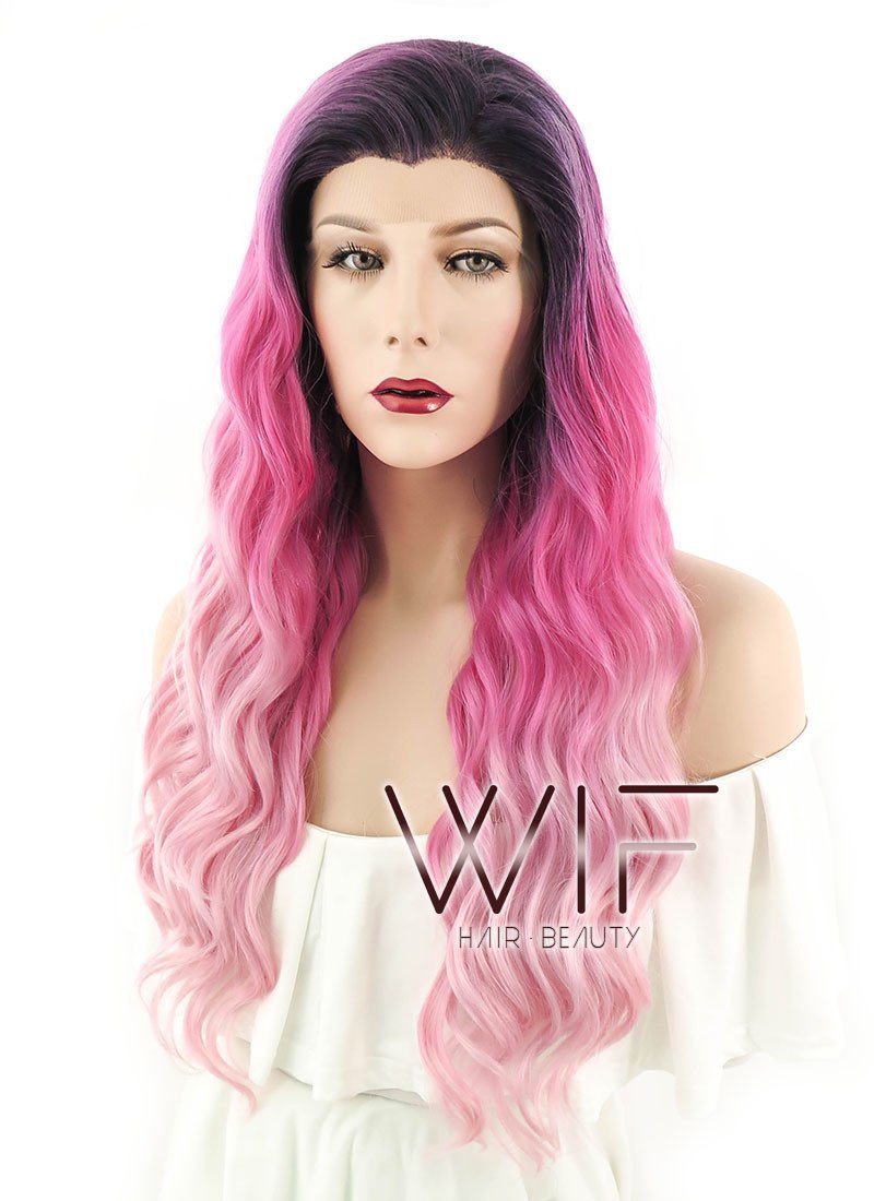 24" Wavy Two Tone Pink With Dark Roots Lace Front Synthetic Wig LF400