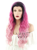 24" Wavy Two Tone Pink With Dark Roots Lace Front Synthetic Wig LF400