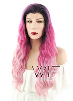 24" Wavy Two Tone Pink With Dark Roots Lace Front Synthetic Wig LF400