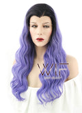 24" Long Curly Black Mixed Purple Lace Front Synthetic Hair Wig LF401