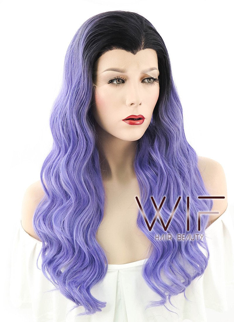 24" Long Curly Black Mixed Purple Lace Front Synthetic Hair Wig LF401