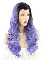 24" Long Curly Black Mixed Purple Lace Front Synthetic Hair Wig LF401