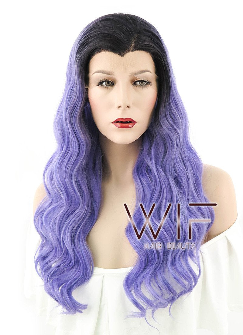 24" Long Curly Black Mixed Purple Lace Front Synthetic Hair Wig LF401