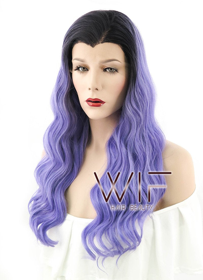 24" Long Curly Black Mixed Purple Lace Front Synthetic Hair Wig LF401