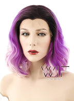 16" Medium Curly Two Tone Pink With Dark Brown Roots Lace Front Synthetic Hair Wig LF403