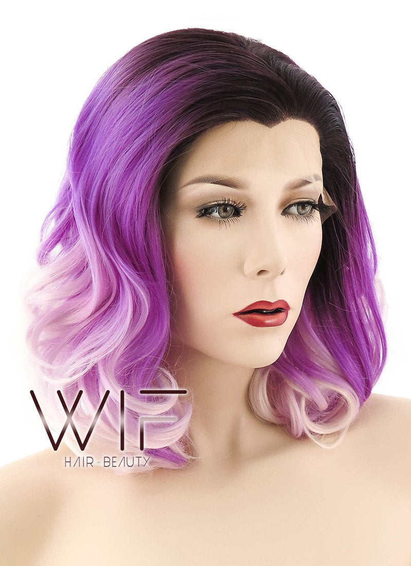 16" Medium Curly Two Tone Pink With Dark Brown Roots Lace Front Synthetic Hair Wig LF403