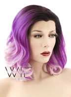 16" Medium Curly Two Tone Pink With Dark Brown Roots Lace Front Synthetic Hair Wig LF403