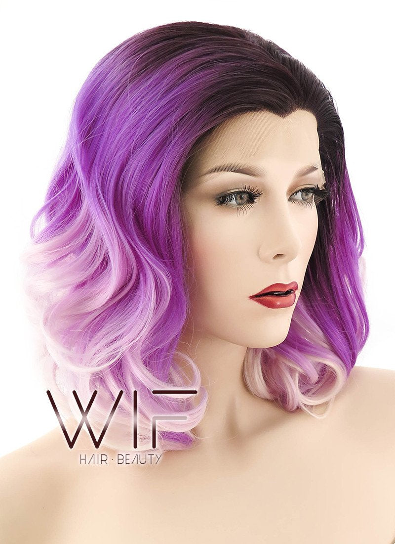 16" Medium Curly Two Tone Pink With Dark Brown Roots Lace Front Synthetic Hair Wig LF403