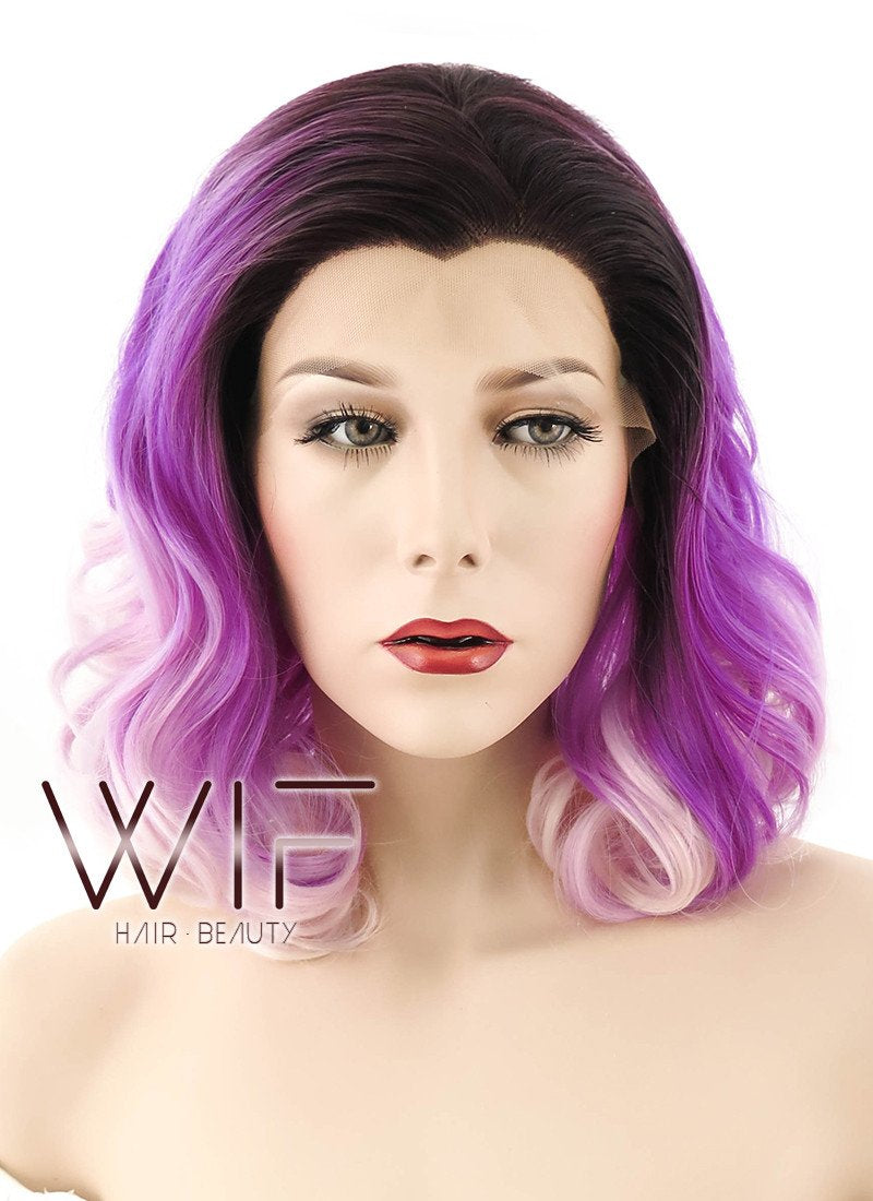 16" Medium Curly Two Tone Pink With Dark Brown Roots Lace Front Synthetic Hair Wig LF403