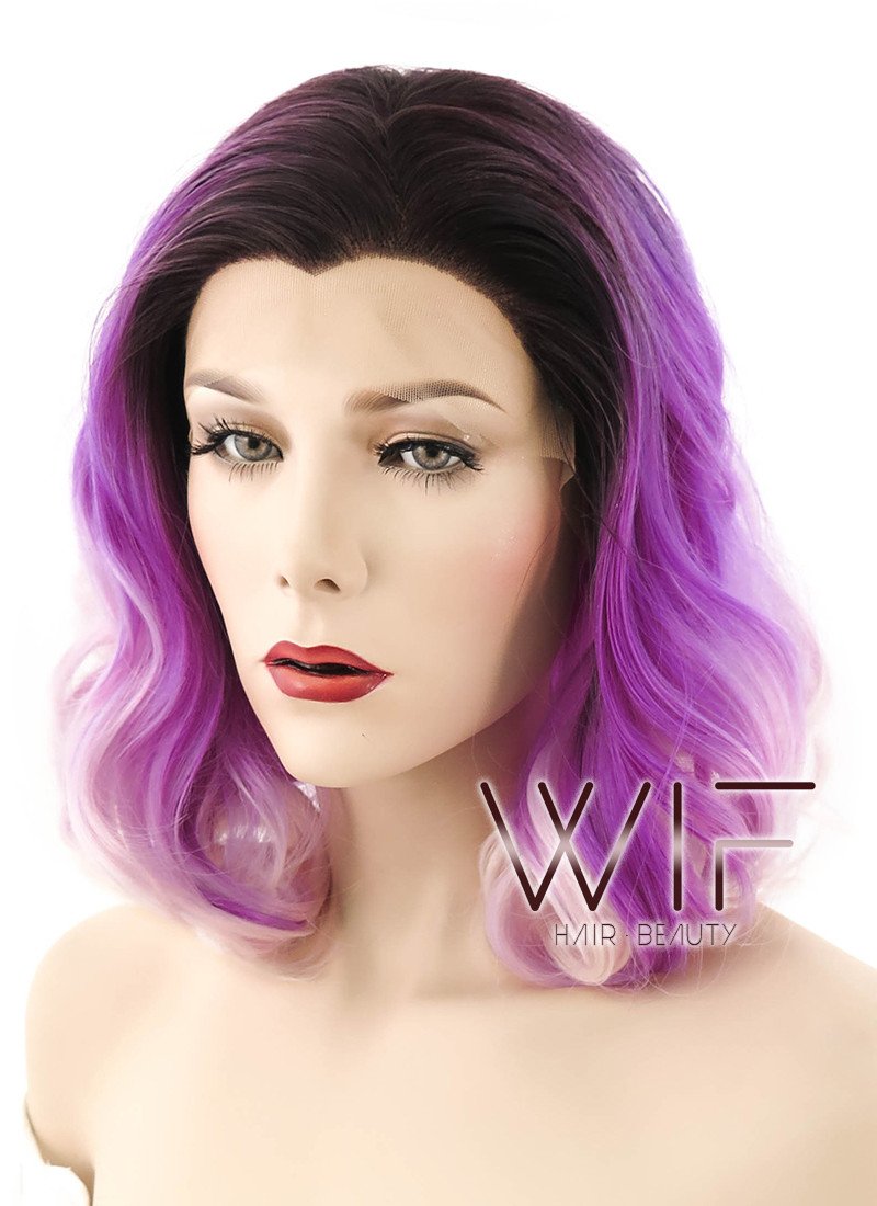 16" Medium Curly Two Tone Pink With Dark Brown Roots Lace Front Synthetic Hair Wig LF403