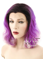 16" Medium Curly Two Tone Pink With Dark Brown Roots Lace Front Synthetic Hair Wig LF403